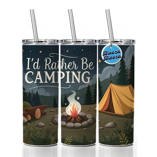 I'd Rather Be Camping Campfire Tent Skinny Tumbler 20oz with Straw Insulated Water Bottle Gift