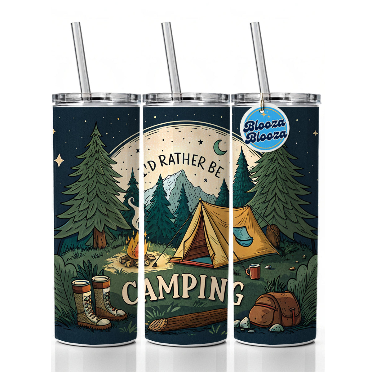 I'd Rather Be Camping Wilderness Tent Skinny Tumbler 20oz with Straw Insulated Water Bottle Gift