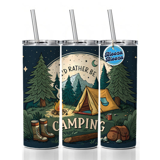 I'd Rather Be Camping Wilderness Tent Skinny Tumbler 20oz with Straw Insulated Water Bottle Gift