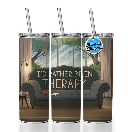 I'd Rather Be In Therapy Therapist Psychiatrist Skinny Tumbler 20oz with Straw Insulated Water Bottle Gift
