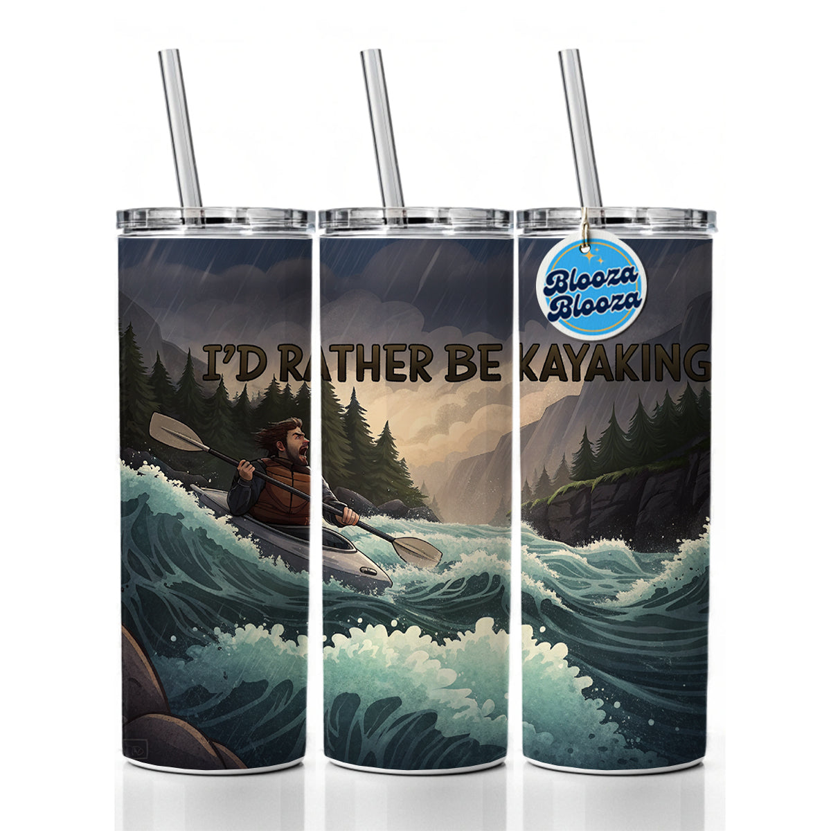 I'd Rather Be Kayaking Man Kayaker Raging River Skinny Tumbler 20oz with Straw Insulated Water Bottle Gift