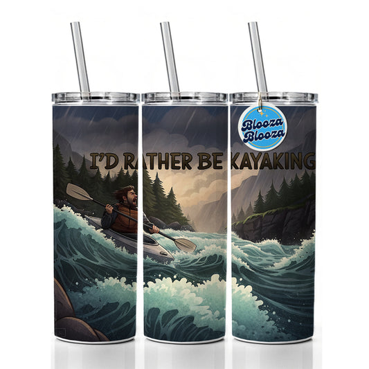 I'd Rather Be Kayaking Man Kayaker Raging River Skinny Tumbler 20oz with Straw Insulated Water Bottle Gift