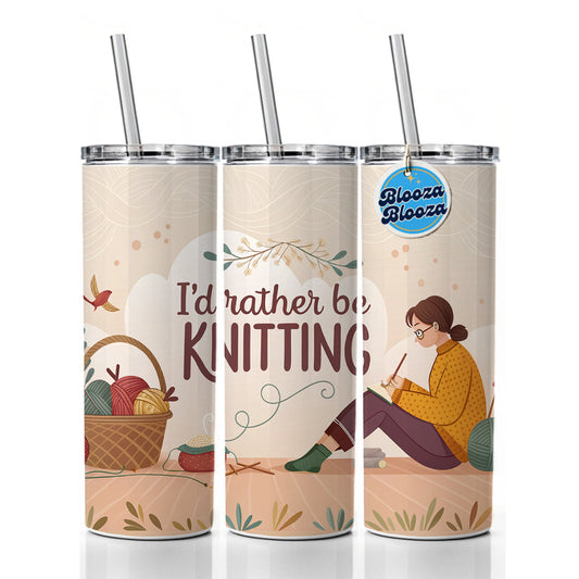 I'd Rather Be Knitting Basket of Yarn Skinny Tumbler 20oz with Straw Insulated Water Bottle Gift