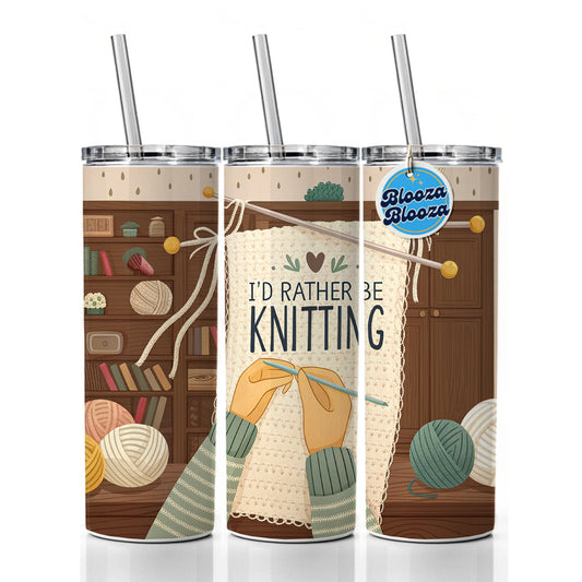 I'd Rather Be Knitting Knit Yarn Needles Skinny Tumbler 20oz with Straw Insulated Water Bottle Gift