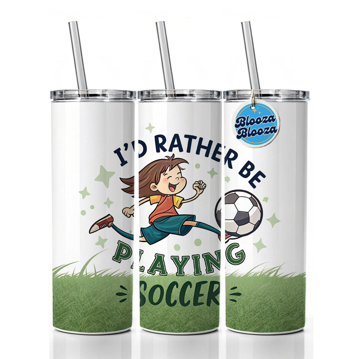 I'd Rather Be Playing Soccer Skinny Tumbler 20oz with Straw Insulated Water Bottle Gift