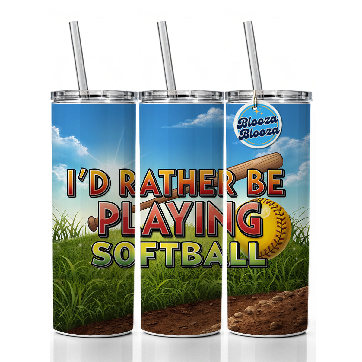 I'd Rather Be Playing Softball Skinny Tumbler 20oz with Straw Insulated Water Bottle Gift