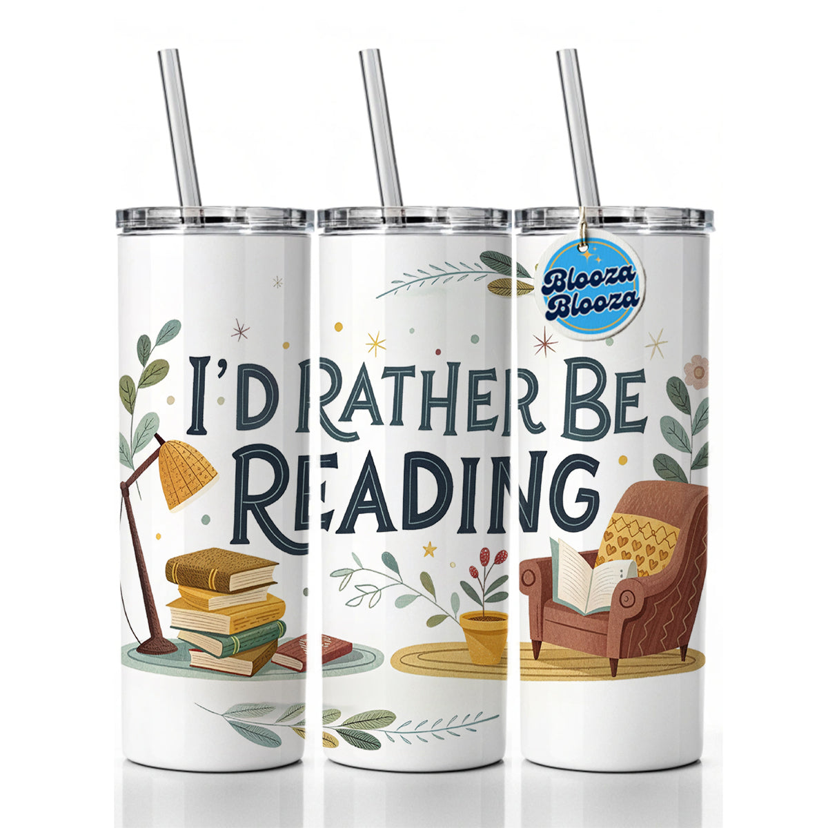 I'd Rather Be Reading Skinny Tumbler 20oz with Straw Insulated Water Bottle Gift