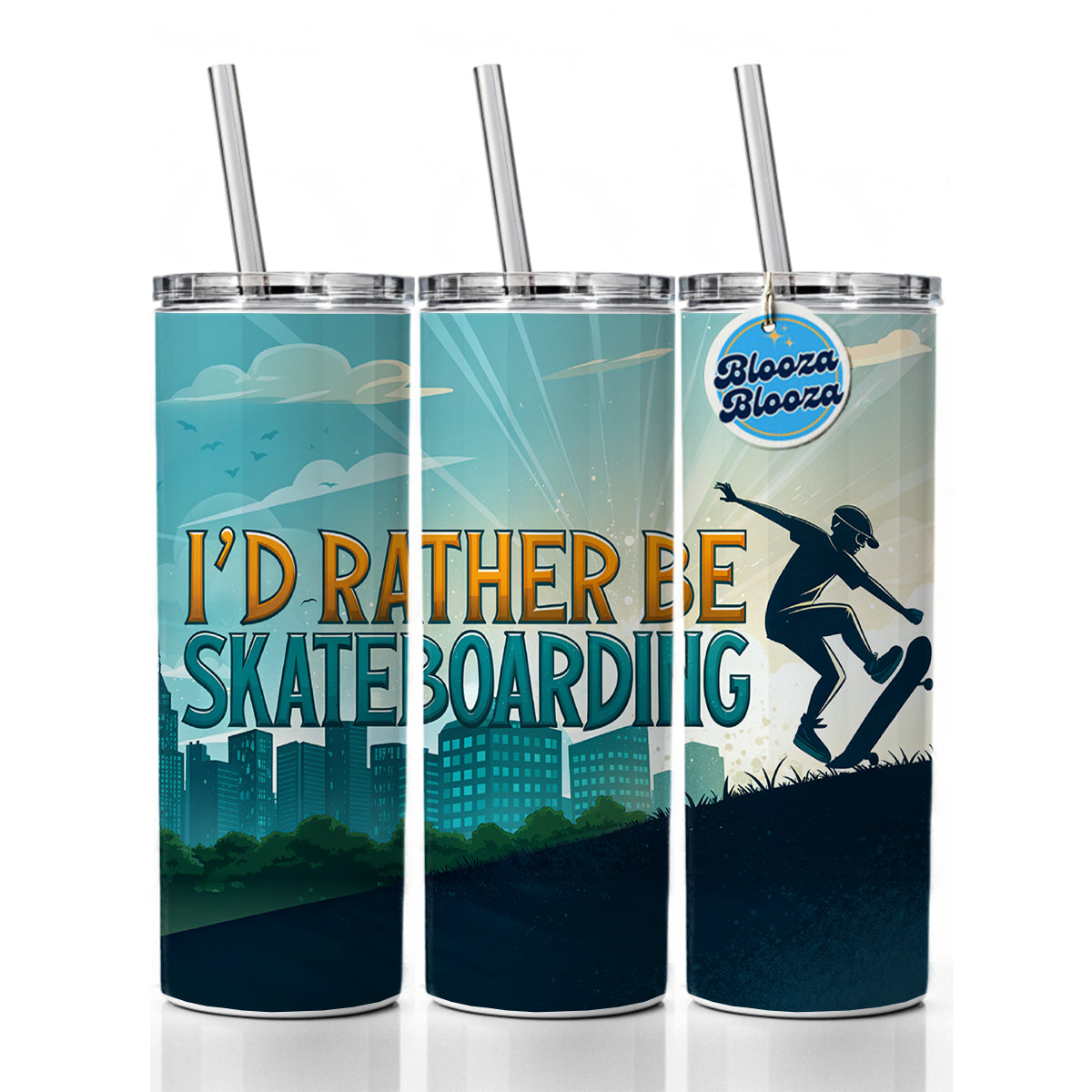 I'd Rather Be Skateboarding Skinny Tumbler 20oz with Straw Insulated Water Bottle Gift