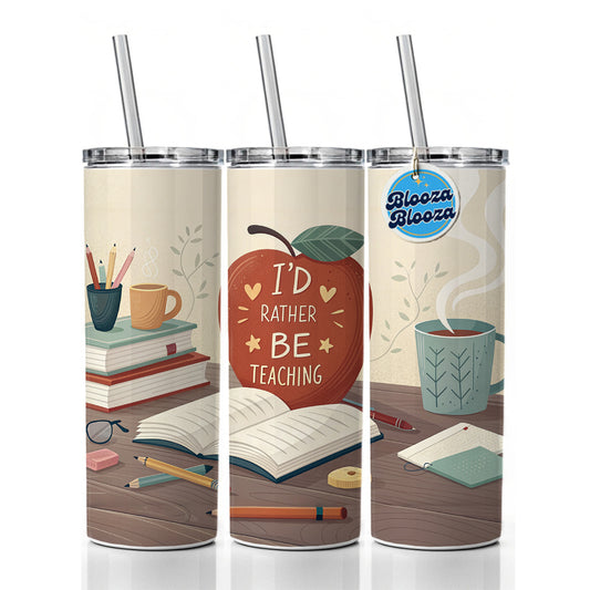 I'd Rather Be Teaching Apple Books Desk Skinny Tumbler 20oz with Straw Insulated Water Bottle Gift