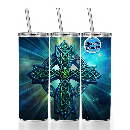 Irish Celtic Christian Cross Blue Green Skinny Tumbler 20oz with Straw Insulated Water Bottle Gift