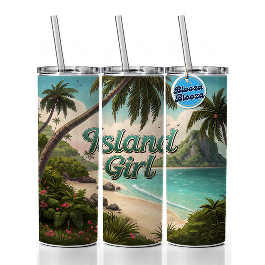 Island Girl Tropical Beach Palm Trees Skinny Tumbler 20oz with Straw Insulated Water Bottle Gift
