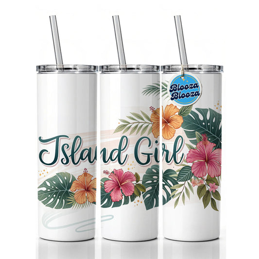 Island Girl Tropical Hibiscus Flowers Skinny Tumbler 20oz with Straw Insulated Water Bottle Gift