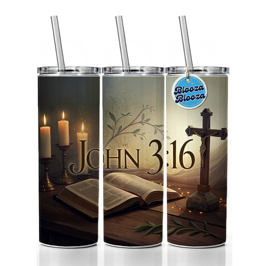 John 3-16 Bible Religious Verse Skinny Tumbler 20oz with Straw Insulated Water Bottle Gift