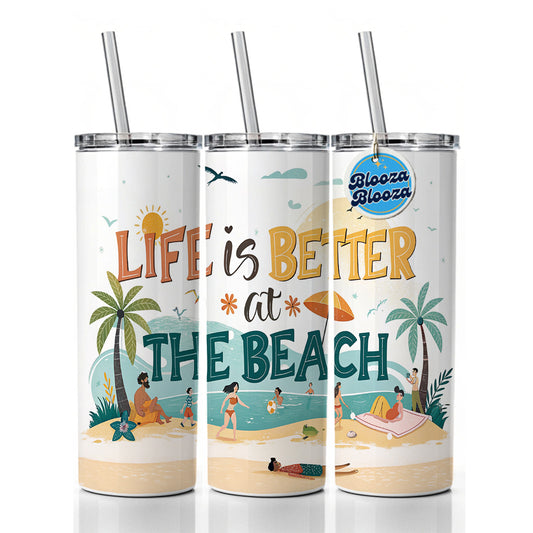 Life Is Better At The Beach Cartoon Skinny Tumbler 20oz with Straw Insulated Water Bottle Gift
