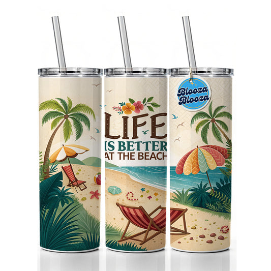 Life is Better At The Beach Tropical Ocean Skinny Tumbler 20oz with Straw Insulated Water Bottle Gift