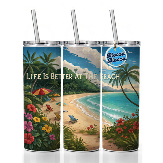 Life is Better At The Beach Tropical Skinny Tumbler 20oz with Straw Insulated Water Bottle Gift