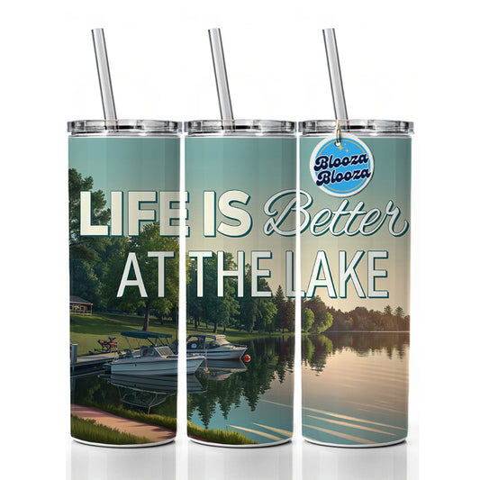 Life is Better At The Lake Boats Skinny Tumbler 20oz with Straw Insulated Water Bottle Gift