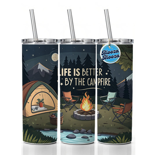 Life is Better By The Campfire Camping Skinny Tumbler 20oz with Straw Insulated Water Bottle Gift