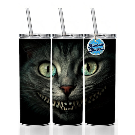 Mischievous Cheshire Cat Grin on Black Skinny Tumbler 20oz with Straw Insulated Water Bottle Gift