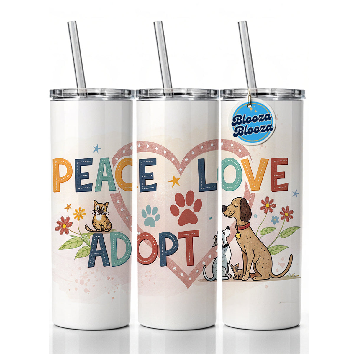 Peace Love Adopt Pet Adoption Rescue Skinny Tumbler 20oz with Straw Insulated Water Bottle Gift