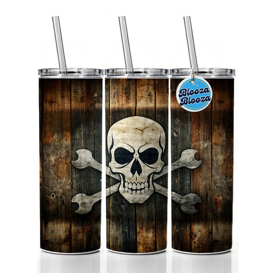 Pirate Skull And Crossbones Jolly Roger Rustic Planks Skinny Tumbler 20oz with Straw Insulated Water Bottle Gift