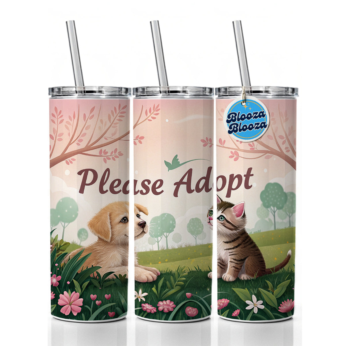 Please Adopt Animal Pet Dog Cat Rescue Skinny Tumbler 20oz with Straw Insulated Water Bottle Gift