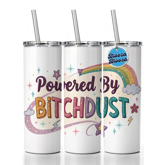 Powered By Bitchdust Sparkly Stars Rainbow Skinny Tumbler 20oz with Straw Insulated Water Bottle Gift