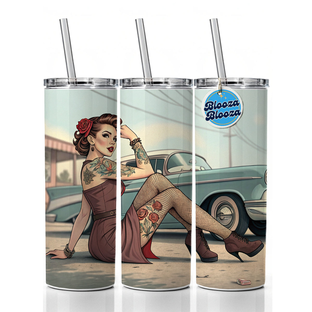 Rockabilly Retro 50's Pin-Up Girl With Tattoos Skinny Tumbler 20oz with Straw Insulated Water Bottle Gift