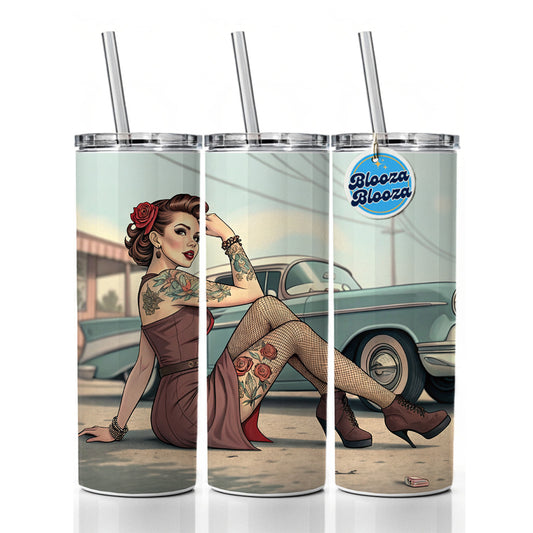 Rockabilly Retro 50's Pin-Up Girl With Tattoos Skinny Tumbler 20oz with Straw Insulated Water Bottle Gift