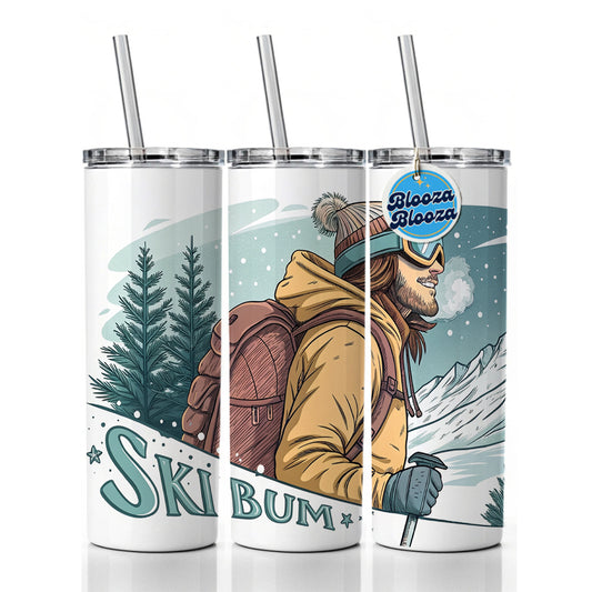 Ski Bum On The Mountain Skinny Tumbler 20oz with Straw Insulated Water Bottle Gift