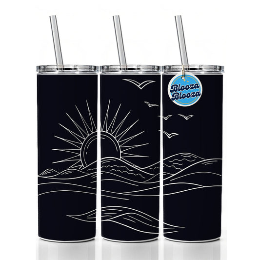 Sunrise And Ocean Wave Outline Illustration Skinny Tumbler 20oz with Straw Insulated Water Bottle Gift