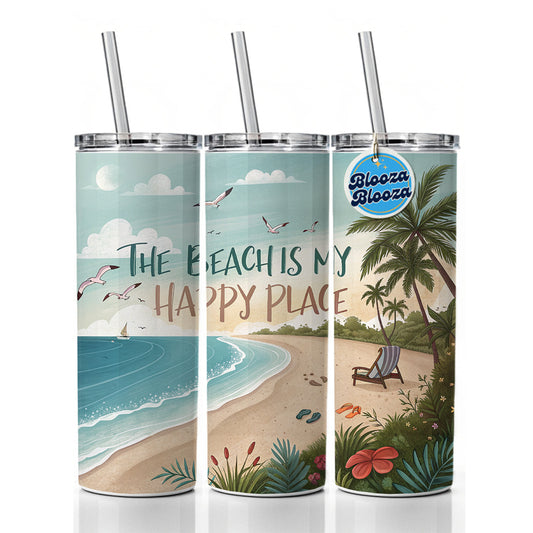 The Beach Is My Happy Place Funny Tropical Skinny Tumbler 20oz with Straw Insulated Water Bottle Gift