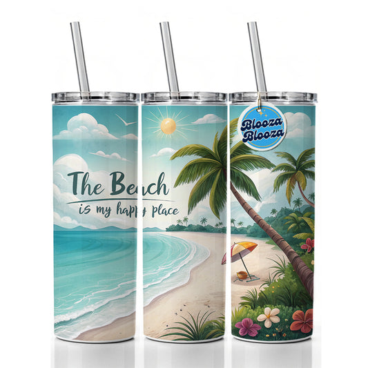 The Beach Is My Happy Place Tropical Skinny Tumbler 20oz with Straw Insulated Water Bottle Gift