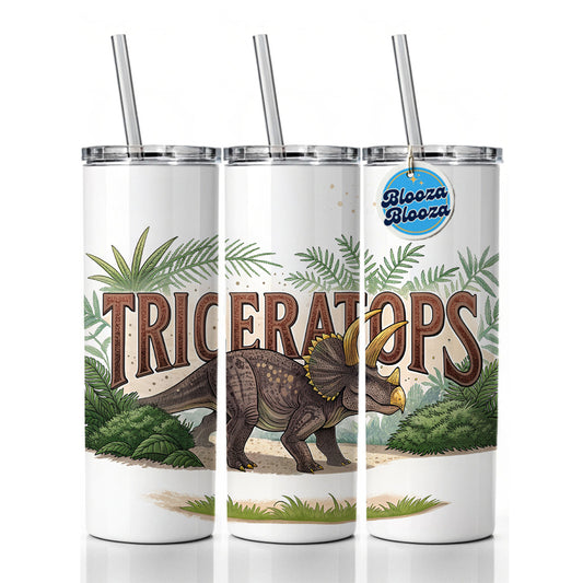 Triceratops Horned Dinosaur Cartoon Skinny Tumbler 20oz with Straw Insulated Water Bottle Gift