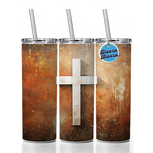 White Cross On Rusty Rustic Background Religious Skinny Tumbler 20oz with Straw Insulated Water Bottle Gift