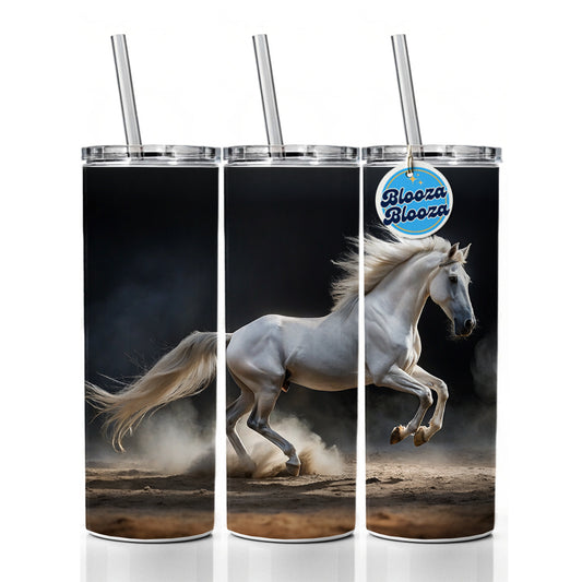 White Horse Galloping Skinny Tumbler 20oz with Straw Insulated Water Bottle Gift