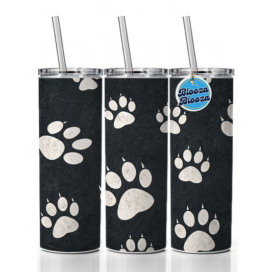 White Paw Prints On Black Pattern Skinny Tumbler 20oz with Straw Insulated Water Bottle Gift