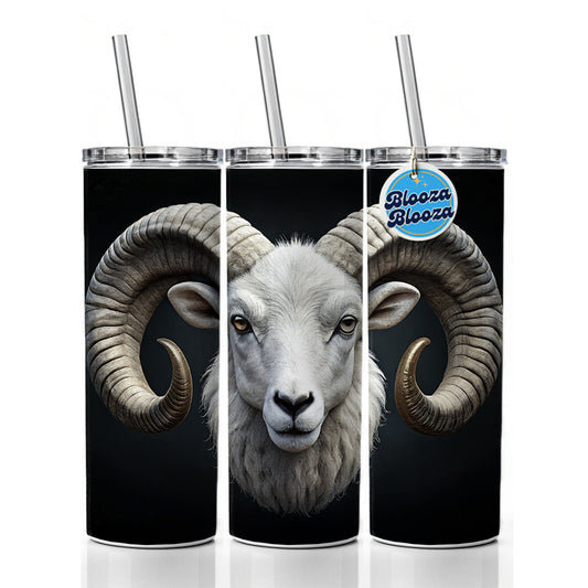 White Ram Head Skinny Tumbler 20oz with Straw Insulated Water Bottle Gift
