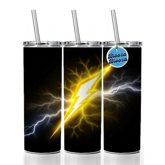 Yellow and White Lightning Bolt On Black Skinny Tumbler 20oz with Straw Insulated Water Bottle Gift
