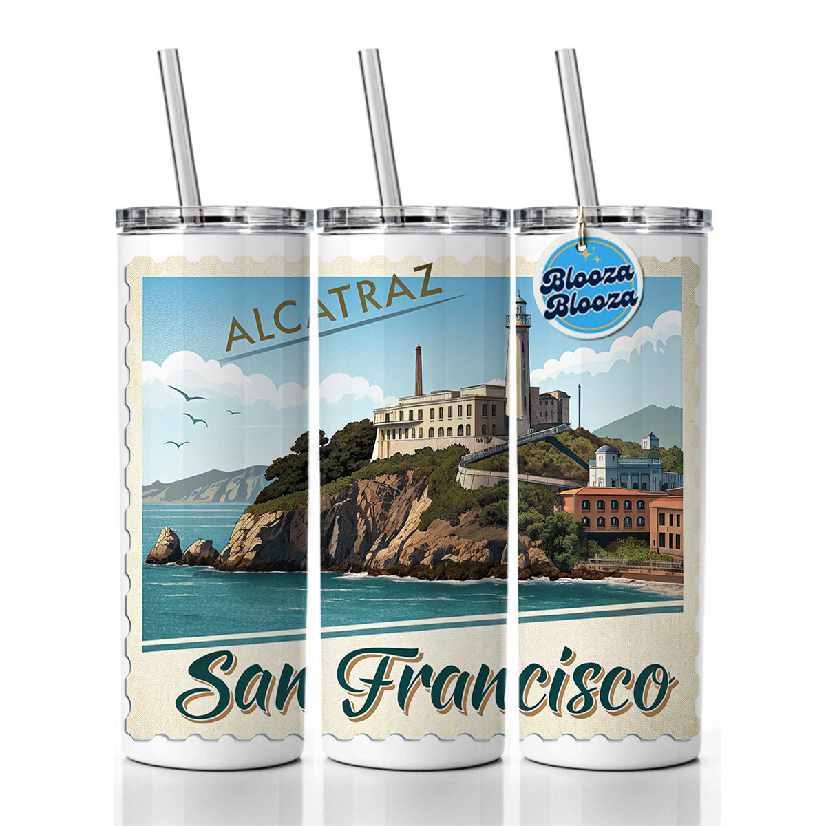 Alcatraz San Francisco Prison Travel Stamp Skinny Tumbler 20oz with Straw Insulated Water Bottle Gift