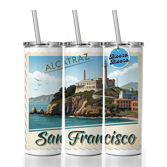 Alcatraz San Francisco Prison Travel Stamp Skinny Tumbler 20oz with Straw Insulated Water Bottle Gift
