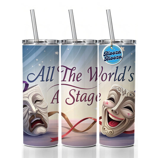 All The World's a Stage Theater Drama Masks Skinny Tumbler 20oz with Straw Insulated Water Bottle Gift