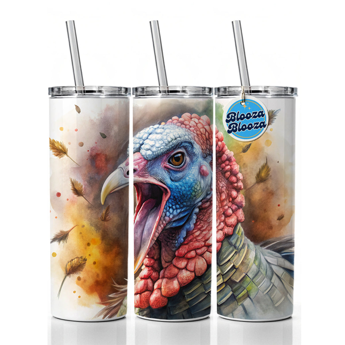 Angry Male Tom Gobbler Turkey Watercolor Skinny Tumbler 20oz with Straw Insulated Water Bottle Gift