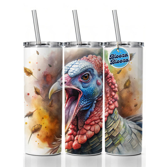 Angry Male Tom Gobbler Turkey Watercolor Skinny Tumbler 20oz with Straw Insulated Water Bottle Gift