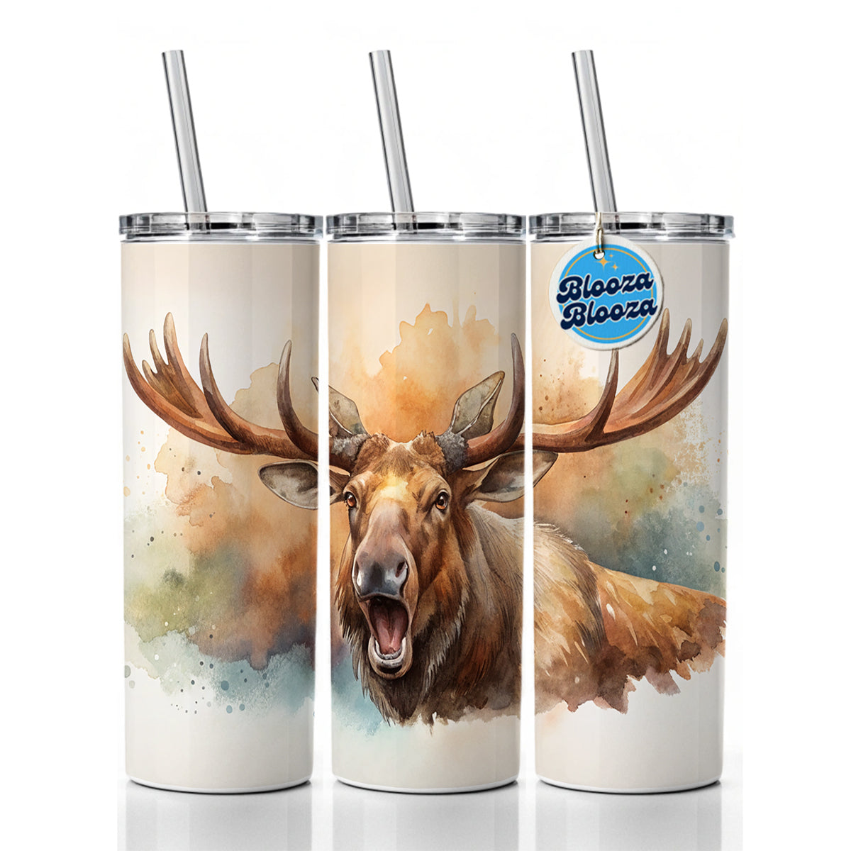 Angry Moose Watercolor Skinny Tumbler 20oz with Straw Insulated Water Bottle Gift