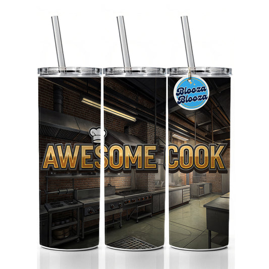 Awesome Cook Inspirational Industrial Kitchen Skinny Tumbler 20oz with Straw Insulated Water Bottle Gift