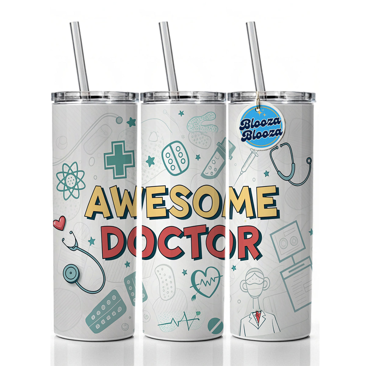 Awesome Doctor MD Inspirational Skinny Tumbler 20oz with Straw Insulated Water Bottle Gift