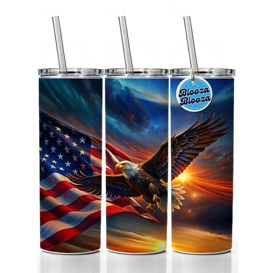 Awesome Patriotic American Flag and Flying Bald Eagle Skinny Tumbler 20oz with Straw Insulated Water Bottle Gift