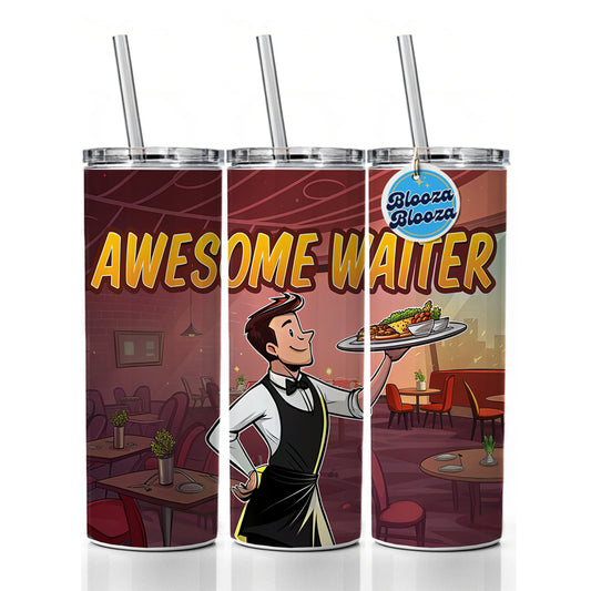 Awesome Waiter Inspirational Food Server Skinny Tumbler 20oz with Straw Insulated Water Bottle Gift
