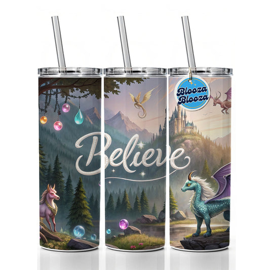 Believe Fantasy Creatures Skinny Tumbler 20oz with Straw Insulated Water Bottle Gift